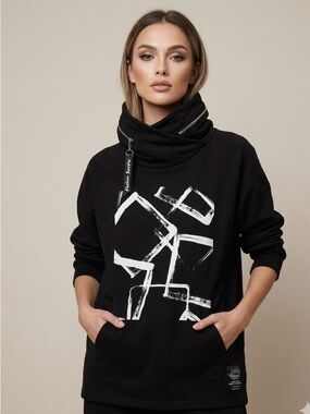 Froccella Italy Fashion Review Funnel Tunic Neck Hidden Hood Abstract UNISEX